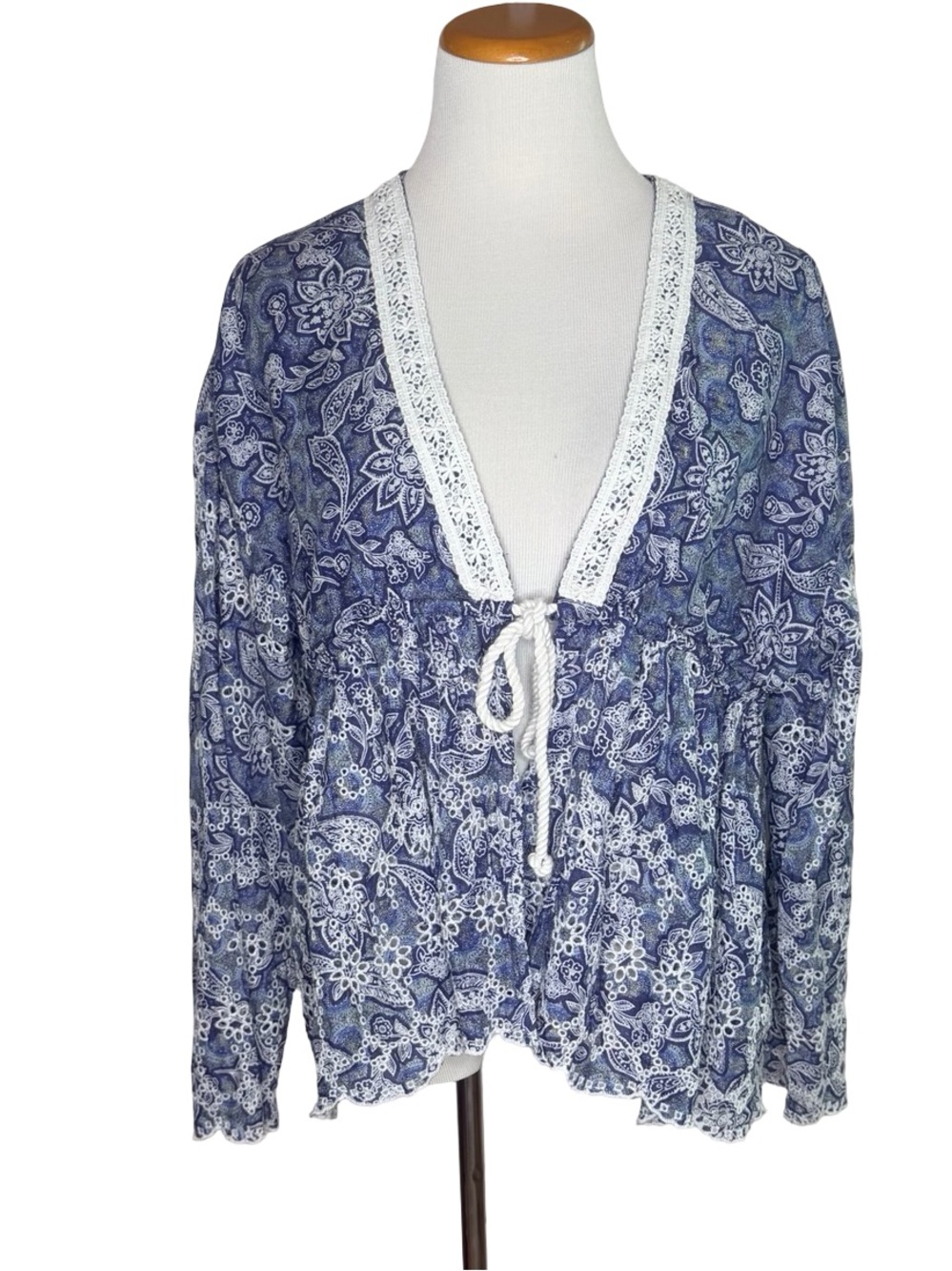 Free People Anissa Bed Jacket Size Medium Blue Combo Eyelet Lace Bohemian - Picture 2 of 8